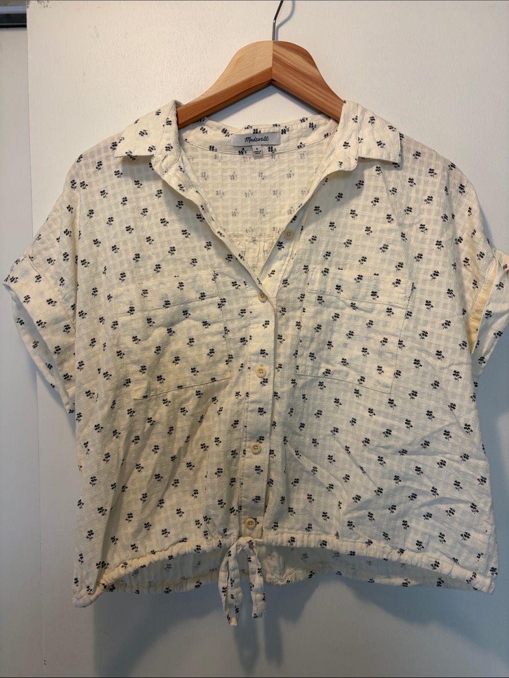Madewell Cream Short-Sleeve Button-Front Tie-Hem Top